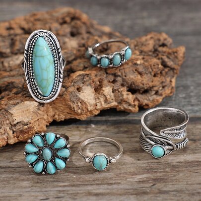 5 peças Vintage & Fashionable & Requintado Estilo Boêmio Folha, Flor, Geométrico & Turquesa Conjunto de Anel para Mulheres Joias Ocidentais Dia dos Namorados, Mãe, Mãe, Dia das Mães, Presente