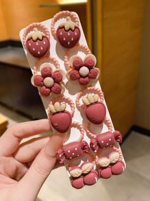 10pcs Girls Dark Red Cartoon Flower Strawberry Design Sweet Hair Tie For Daily Decoration - Multicolor - View 1