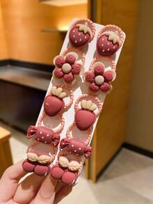 10pcs Girls Dark Red Cartoon Flower Strawberry Design Sweet Hair Tie For Daily Decoration - Multicolor - View 2