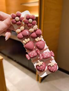 10pcs Girls Dark Red Cartoon Flower Strawberry Design Sweet Hair Tie For Daily Decoration - Multicolor - View 5