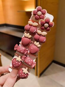 10pcs Girls Dark Red Cartoon Flower Strawberry Design Sweet Hair Tie For Daily Decoration - Multicolor - View 4