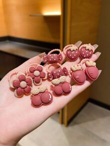 10pcs Girls Dark Red Cartoon Flower Strawberry Design Sweet Hair Tie For Daily Decoration - Multicolor - View 3
