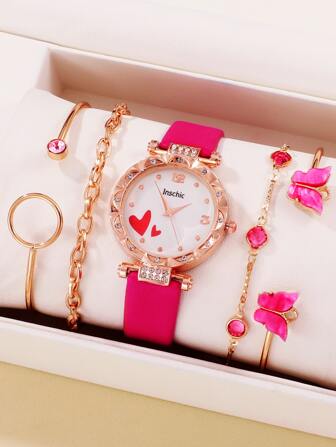 5 pièces/Set Montre pour femme et ensemble de bijoux de forme de papillon dernier cri, en cadeau pour les étudiants retournant à l'école