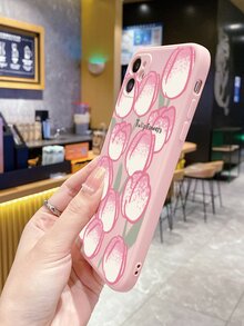 1pc Pink & White Tulip Design Anti-fall Phone Case - Baby Pink - View 3
