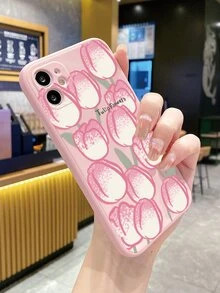 1pc Pink & White Tulip Design Anti-fall Phone Case - Baby Pink - View 5