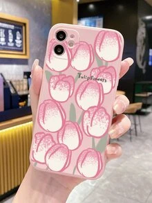 1pc Pink & White Tulip Design Anti-fall Phone Case - Baby Pink - View 1