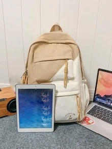 2023 New Arrival Colorblock Korean Style Backpack, Simple & Fashionable All-match School Bag With Large Capacity & Laptop Compartment - Khaki - View 5