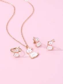 1 pieza Collar , 1 par con clip Pendientes con 1 pieza Anillo para niñas , aleación de zinc material con dulce con patrón de conejo , rosado con blanco saburral con brillante , elegante con delicado Set para diariamente ocasiones