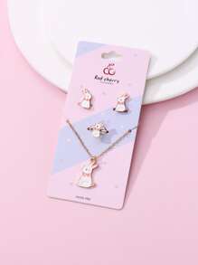 1 pieza Collar , 1 par con clip Pendientes con 1 pieza Anillo para niñas , aleación de zinc material con dulce con patrón de conejo , rosado con blanco saburral con brillante , elegante con delicado Set para diariamente ocasiones