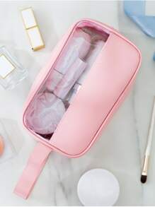 Mingao High-End Cosmetic Bag For Women, Large Capacity Portable Pvc Waterproof Toiletry Organizer Bag With Color Block Design - Pink - View 3