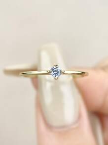 ESBERRY 1 pieza Anillo con montura de 4 puntas minimalista, chapado en oro de plata de ley 925, joyería elegante para uso diario, regalo - Dorado - Ver 2