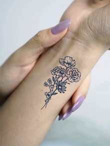 Herbal Temporary Tattoo Sticker Can Last For 7-14 Days, 1pc Minimalist Bouquet Design, Waterproof Flora Small Tattoo For Shoulder, Arm, Leg, Suitable For Women And Girls - Blue - View 3
