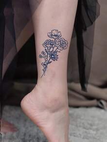 Herbal Temporary Tattoo Sticker Can Last For 7-14 Days, 1pc Minimalist Bouquet Design, Waterproof Flora Small Tattoo For Shoulder, Arm, Leg, Suitable For Women And Girls - Blue - View 4