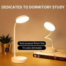 1pc 12-Inch 10-LED Dimmable 3-Color Adjustable Desk Lamp, 1200mAh Rechargeable, White Color Dimmable Eye-Caring Reading/Study Lamp For Desk