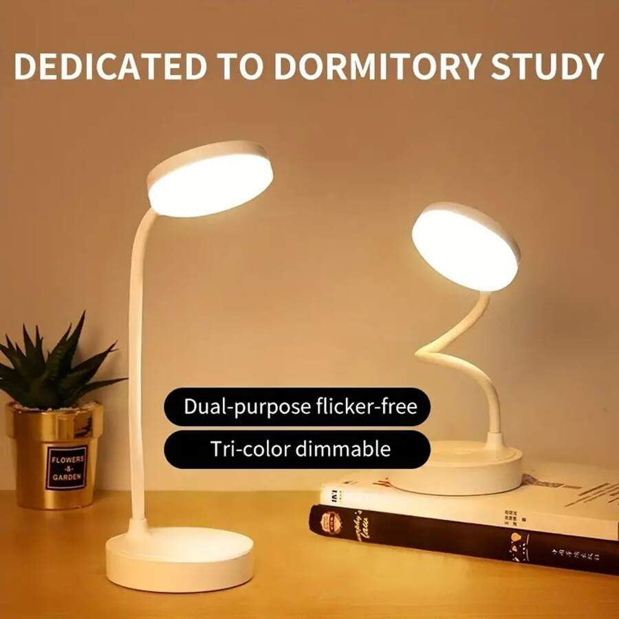 1pc 12-Inch 10-LED Dimmable 3-Color Adjustable Desk Lamp, 1200mAh Rechargeable, White Color Dimmable Eye-Caring Reading/Study Lamp For Desk