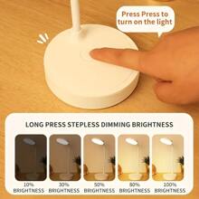 1pc 12-Inch 10-LED Dimmable 3-Color Adjustable Desk Lamp, 1200mAh Rechargeable, White Color Dimmable Eye-Caring Reading/Study Lamp For Desk