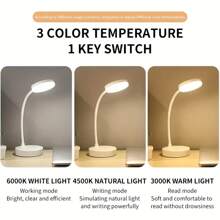 1pc 12-Inch 10-LED Dimmable 3-Color Adjustable Desk Lamp, 1200mAh Rechargeable, White Color Dimmable Eye-Caring Reading/Study Lamp For Desk