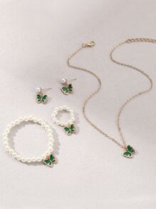 Conjunto de 5 piezas de joyería para niños, que incluye colgante de aleación con forma de mariposa, brazalete de perlas, anillo, pendientes y cadena de clavícula - Verde - Ver 2
