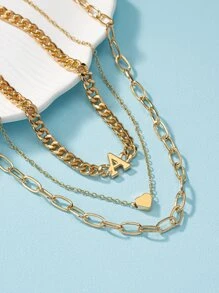 1pc Metallic Heart & Letter Shaped Pendant Multi-Layered Chain Necklace Valentines - Yellow Gold - View 2