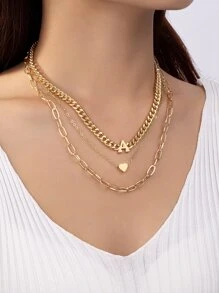 1pc Metallic Heart & Letter Shaped Pendant Multi-Layered Chain Necklace Valentines - Yellow Gold - View 1