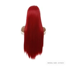 新款紅色直髮短髮呂布cosplay假髮頭套,自由部分長直軟性無痕合成蕾絲假髮,派對假髮 - 紅色 - 查看 3