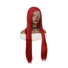 新款紅色直髮短髮呂布cosplay假髮頭套,自由部分長直軟性無痕合成蕾絲假髮,派對假髮 - 紅色 - 查看 4