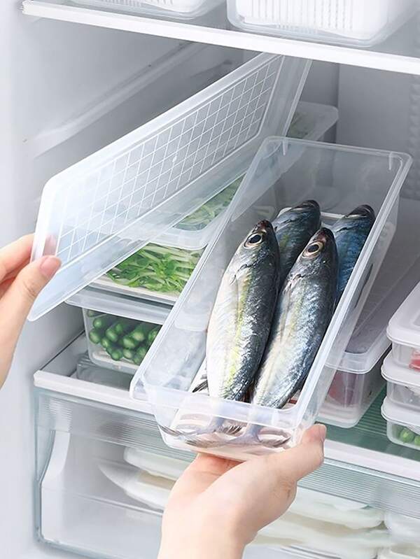 1pc Kitchen Fridge Storage Box For Fish Meat, With Lid, Plastic