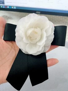 韩国时尚新款哑光布蝴蝶结和山茶花胸针带别针用于服装装饰，女士领结和花形胸针情人节 - 黑與白 - 查看 9