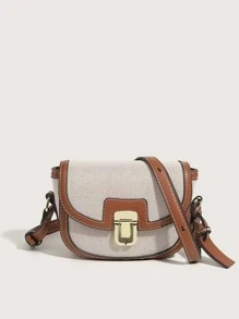Canvas Color Block Patchwork Small Flap Bag, Suitable For Girls, Women, Students, Professionals, Office, Commuting, School