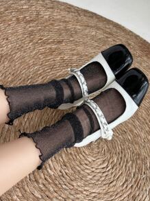 一雙韓版蕾絲漁網中筒鏤空女式堆絨網紗襪 - 黑色 - 查看 2