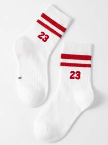 1pair Kids' Letter & Stripe Pattern Mid-calf Sports Socks - Multicolor - View 1