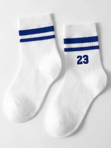 1pair Children's Letter Striped Sports Mid-calf Socks