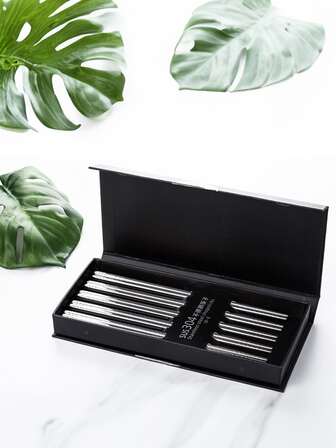 10 件简约雕刻不锈钢筷子，可用洗碗机清洗，适合家庭和餐厅