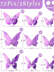 72入組3D蝴蝶墻面裝飾套裝,金色顏色,3尺寸可拆卸蝴蝶牆貼適用於裝飾房間,畢業派對,生日,臥室,客廳,蛋糕&花裝飾用品 - 紫色 - 查看 6