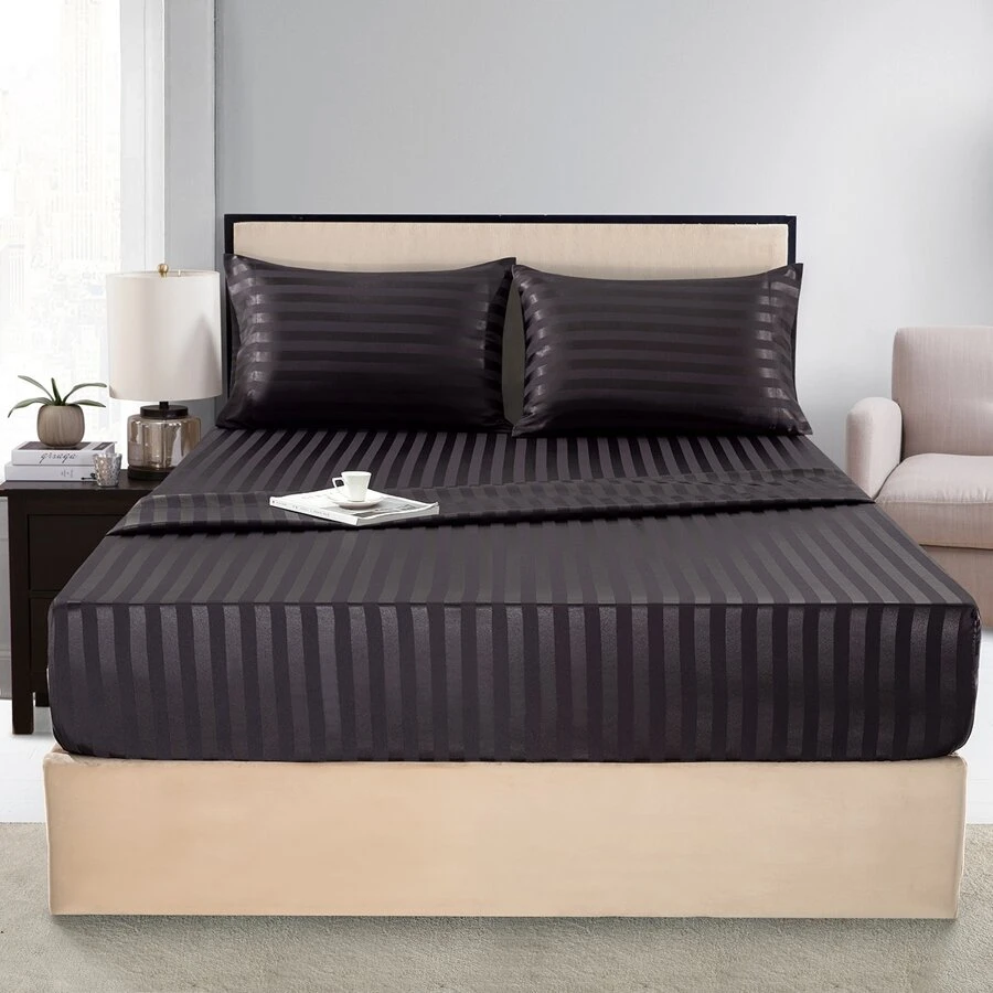 3pcs/ 4pcs Satin Striped Bed Sheets, Soft Silk Lightweight Bed Set For Bedroom Twin/ Full/ Queen/ King - Black - View 1