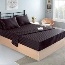 3pcs/ 4pcs Satin Striped Bed Sheets, Soft Silk Lightweight Bed Set For Bedroom Twin/ Full/ Queen/ King - Black - View 2