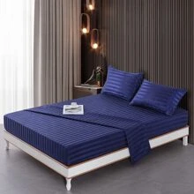 3pcs/ 4pcs Satin Striped Bed Sheets, Soft Silk Lightweight Bed Set For Bedroom Twin/ Full/ Queen/ King - 藏蓝色 - 查看 2