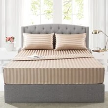 3pcs/ 4pcs Satin Striped Bed Sheets, Soft Silk Lightweight Bed Set For Bedroom Twin/ Full/ Queen/ King - 灰褐色 - 查看 1