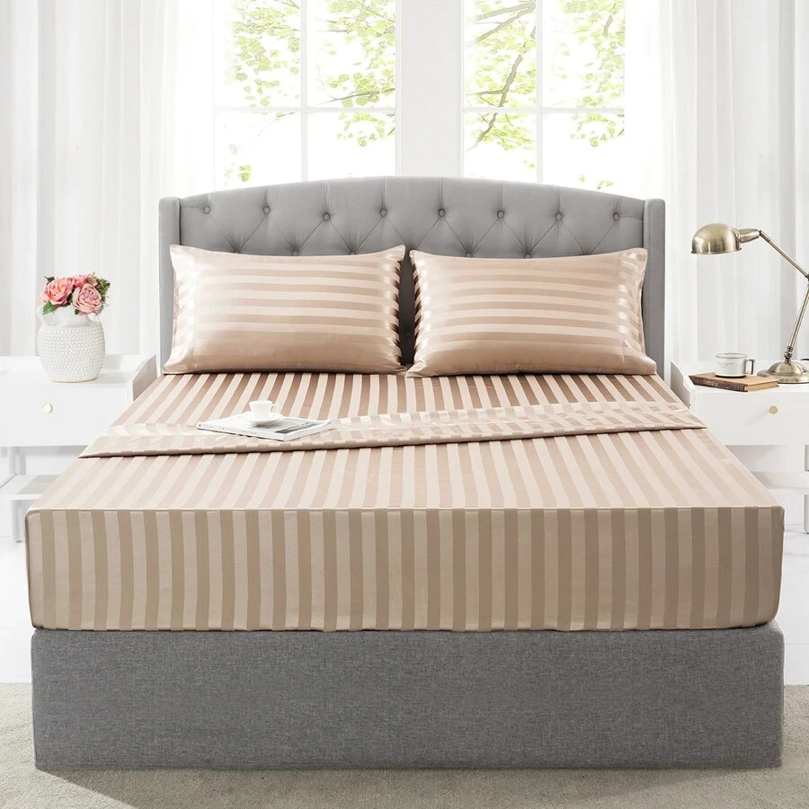 3pcs/ 4pcs Satin Striped Bed Sheets, Soft Silk Lightweight Bed Set For Bedroom Twin/ Full/ Queen/ King - 灰褐色 - 查看 1