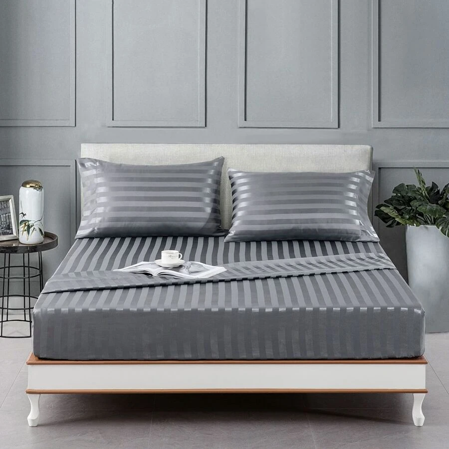 3pcs/ 4pcs Satin Striped Bed Sheets, Soft Silk Lightweight Bed Set For Bedroom Twin/ Full/ Queen/ King - 深灰色 - 查看 1