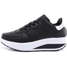 PU皮革厚底鞋搖桿鞋底步行鞋繫帶健身鞋 - 黑色 - 查看 2