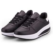 PU皮革厚底鞋搖桿鞋底步行鞋繫帶健身鞋 - 黑色 - 查看 3