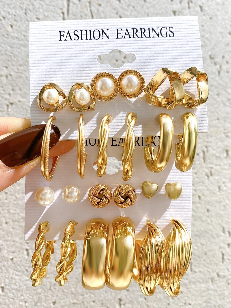 24 đôi Bộ bông tai xoắn đa yếu tố ngọc trai giả đơn giản thời trang, thích hợp cho bữa tiệc ngày lễ, hẹn hò, quà tặng, đeo hàng ngày - Vàng - Xem 1