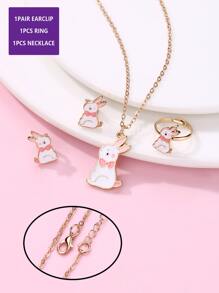 1 pieza Collar , 1 par con clip Pendientes con 1 pieza Anillo para niñas , aleación de zinc material con dulce con patrón de conejo , rosado con blanco saburral con brillante , elegante con delicado Set para diariamente ocasiones