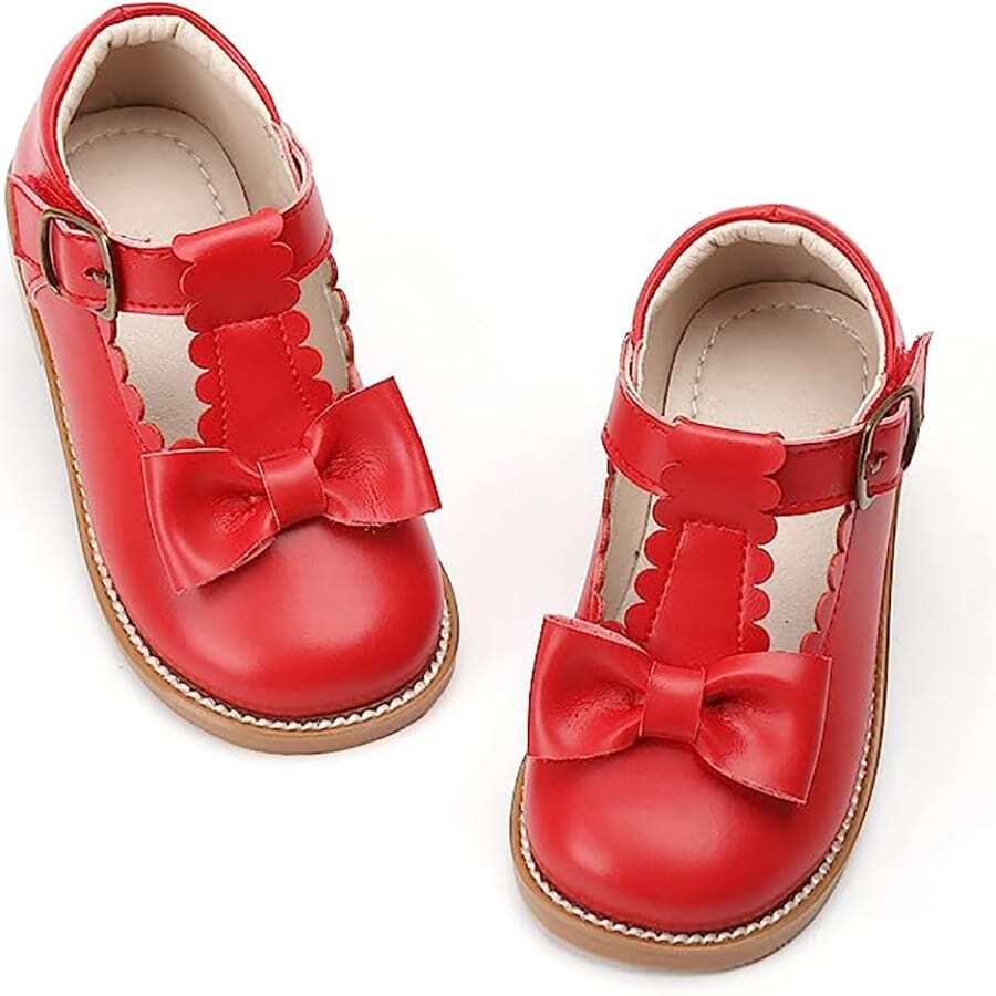 Toddler Girls Mary Jane Dress Shoes Little Girls School Bowknot Oxford Flats - 紅色 - 查看 1