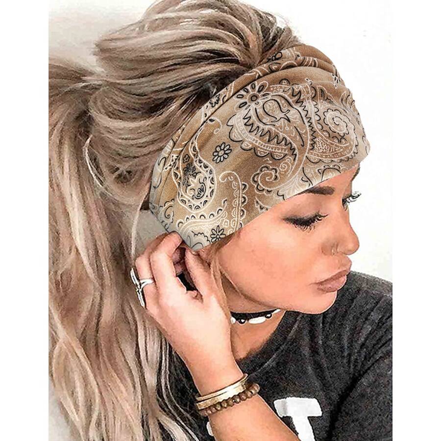 印花女士扭結彈性運動頭帶,繽紛花卉設計,彈性寬頭帶吸濕排汗瑜伽運動髮箍波西米亞風格 - 彩色 - 查看 1