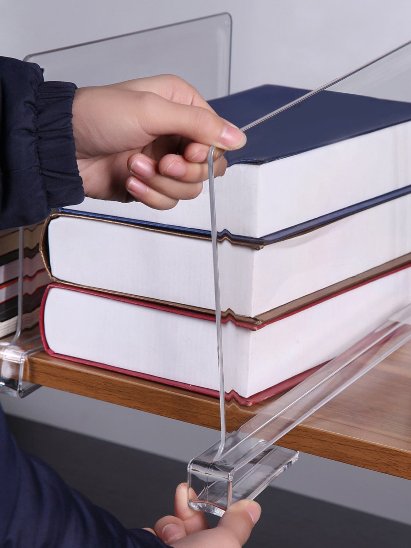 2pcs Multi-functional Transparent Divider For Home Cabinet Book Shelf, Clothes, Bags, Etc. Organizer Clamp Storage Rack - Trong sáng - Xem 1