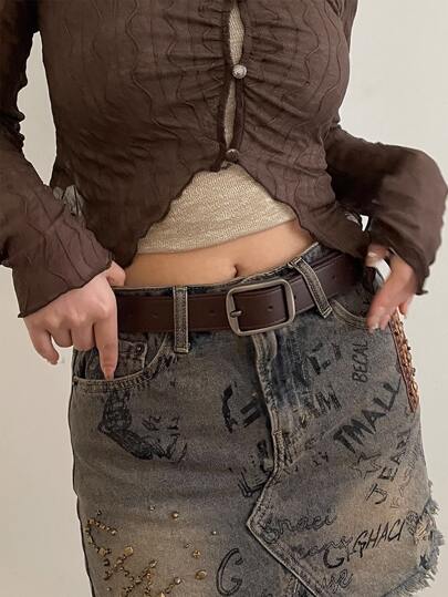 1pc Women's Coffee Color Pu Leather Belt With Silver Buckle And Stitching Details Boho Halloween Summer, School Fall, Autumn, Halloween