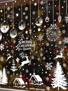 1set Of 9 Snow House Christmas Window Stickers - White - View 2