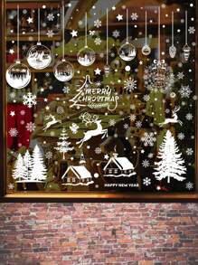 1set Of 9 Snow House Christmas Window Stickers - White - View 1